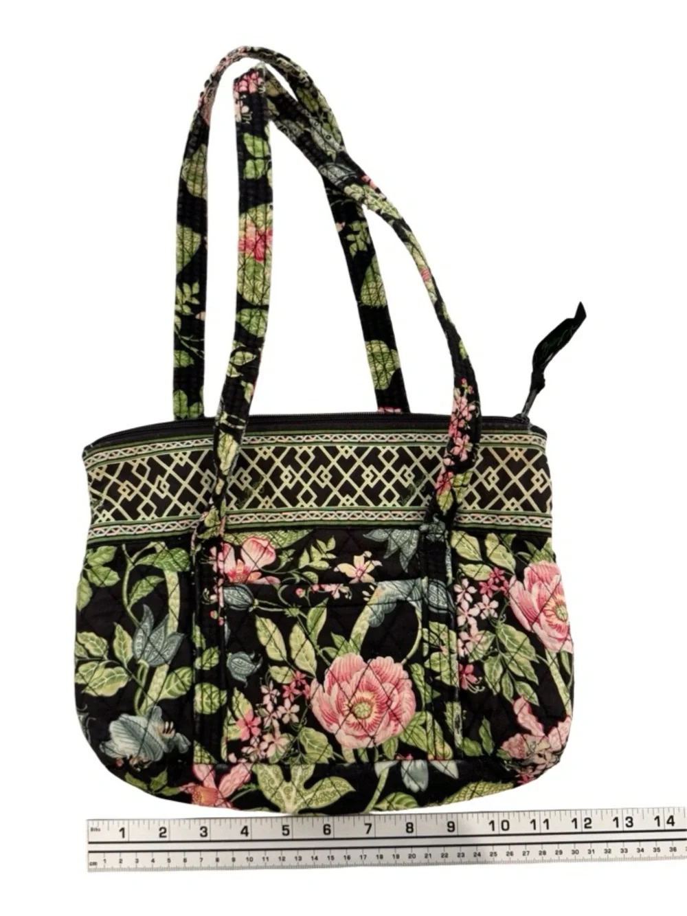 Vera Bradley Black Quilted Shoulder Bag with Pink and Green Floral Print